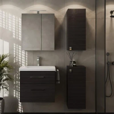 Abbildung von Planetmöbel Badset komplett aus Unterschrank 63cm mit Waschbecken, Spiegelschrank und 2X Midischrank in Anthrazit, Komplettset für Badezimmer 5 teilig