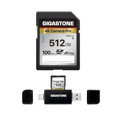 Abbildung von GIGASTONE 512GB SD Karte mit USB Typ C Kartenleser, V30, SDXC Speicherkarte, High Speed, 4K, Ultra HD, UHD Video, kompatibel Canon, Nikon, Sony, Panasonic, Digitalkamera, 1 Mini Hülle