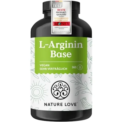 Abbildung von NATURE LOVE® L Arginin BASE mit Citrullin 365 Kapseln Hochwertiges pflanzliches in Form 99,7+% Reinheit Hochdosiert, vegan, Deutschland produziert
