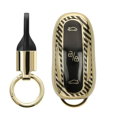 Abbildung von kwmobile Autoschlüssel Hülle kompatibel mit Tesla Model X Schlüsselhülle Key Ring Anhänger Cover Gold Schwarz