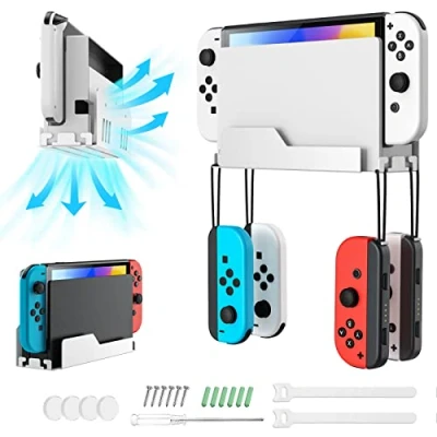 Abbildung von MoKo Wandhalterung für Nintendo Switch/Switch OLED, Metall Halterung mit 4 Joy Con Haken, Schnelle Wärmeableitung Löcher, Aufbewahrung des Switch in der Nähe oder hinter dem Fernseher, Weiß