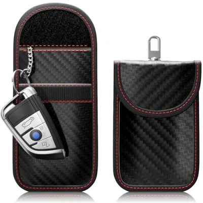 Abbildung von 2 Stück FOAMO Keyless Go Schutz Autoschlüssel Funkschlüssel RFID Abschirmung Blocker Schlüssel Tasche Schlüsseletui Carbon Schwarz Rot