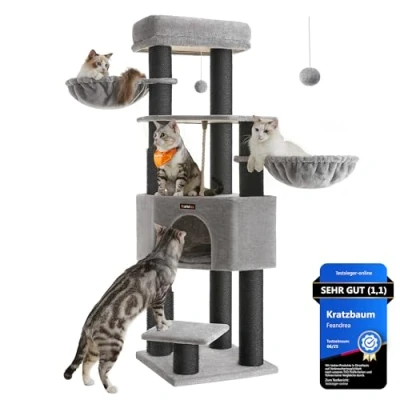 Abbildung von Feandrea Kratzbaum, mit selbstwärmenden Decken, für große Katze, Katzenbaum, 2 Katzenbürsten, 11,1 cm d Dicke Stämme, Plattformen, Höhle, 50 x 160 cm, Taubengrau schwarz PCT003W01