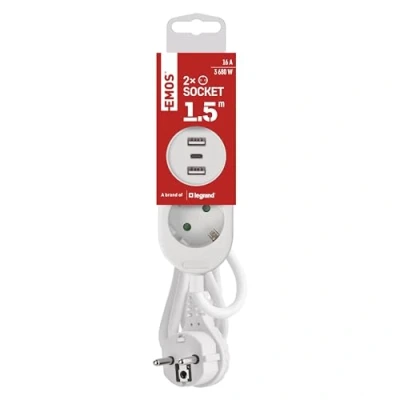 Abbildung von EMOS Steckdosenleiste mit USB, 2 Fach Mehrfachsteckdose und 3X USB Port, 1,5 Meter Verlängerungskabel, 2X A + 1x C Anschluss, max. 3,4A Ladestrom, erhöhter Berührungsschutz, IP20 für Innen