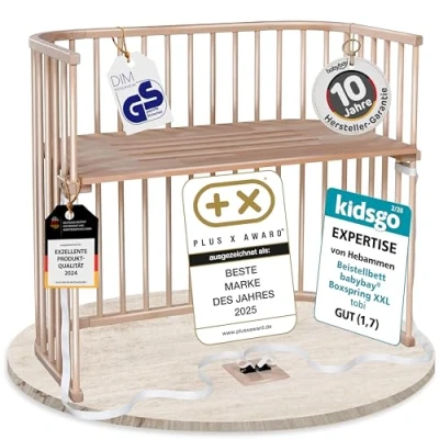 Abbildung von Babybay Boxspring XXL Beistellbett aus massivem Buchenholz/Kinderbett Höhe stufenlos verstellbar &amp; umweltfreundlich/mitwachsendes Babybett (Natur lackiert)