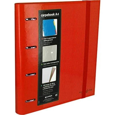Abbildung von Grafoplas 88102051 Ringbuch mit 4 Ringen, A4, transparentem Umschlag, Trennblättern und 100 Blatt, rot, Ringen 35 mm, Gummiverschluss. Multiline Carpebook