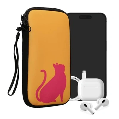 Abbildung von kwmobile Handytasche für Smartphones XXL 7&quot; Neopren Handy Tasche Hülle Cover Case Schutzhülle Umriss Katze Pink Honiggelb 17,7 x 8,5 cm Innenmaße