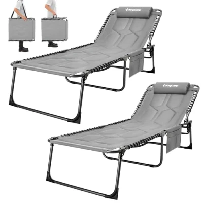 Abbildung von KingCamp Übergroße Sonnenliege Klappbar 5 Fach Verstellbar Gartenliege Liegestuhl Dreibeinliege Liege Campingliege mit Kopfkissen und Seitentasche bis 150 kg für Garten Urlaub Strand Pool 200 x 68 cm