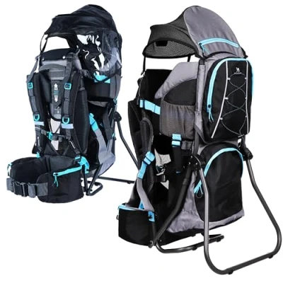 Abbildung von DROMADER Kraxe Kindertrage bis 22kg Kindertragerucksack für Kinder tragbare Kinderrückentrage Reise Kinderkraxe mit Aufbewahrungstasche, Sonnendach und Regenschutz Schwarz &amp; Blau
