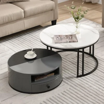 Abbildung von Merax Couchtisch Rund, Satztisch 2er Set, modern Beistelltisch Wohnzimmertisch Nesting Kaffeetisch mit Schublade &amp; versteckter Stauraum, Metallgestell, Marmormuster, für Schlafzimmer, Balkon, Büro