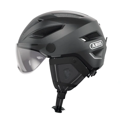 Abbildung von ABUS Stadthelm Pedelec 2.0 ACE Fahrradhelm mit Rücklicht, Visier, Regenhaube, Ohrenschutz für Damen und Herren Dunkelgrau, Größe S