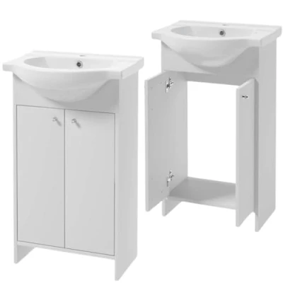 Abbildung von Domodomo Badezimmerschrank mit Waschbecken 85 x 50 25,5 cm Stehender und Unterschrank, lackiert, Elegantes Set Keramikwaschbecken (Weißer Runder Griff)
