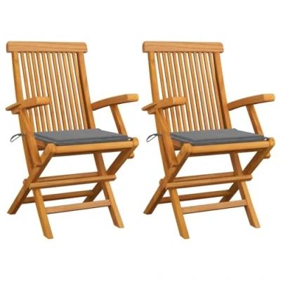 Abbildung von vidaXL 2X Teak Massiv Gartenstuhl mit Grauen Kissen Armlehnen Gartenstühle Klappstuhl Klappstühle Holzstuhl Gartenmöbel Stuhl Stühle
