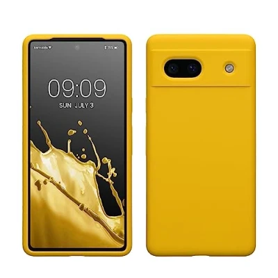 Abbildung von kwmobile Hülle kompatibel mit Google Pixel 7a Silikon Handy Case Handyhülle weiche Oberfläche kabelloses Laden Strahlend Gelb