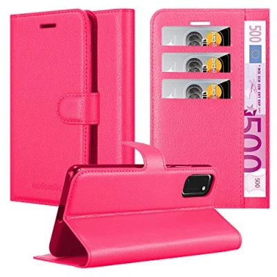 Abbildung von Cadorabo Hülle kompatibel mit Samsung Galaxy A41 Handyhülle aus Premium Kunst Leder Flip Klappbare Stoßfeste Magnetische [Standfunktion] [Kartenfächern] Cover für Tasche in Pink