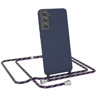 Abbildung von EAZY CASE Hülle mit Kette kompatibel Samsung Galaxy S21 FE 5G Schutzhülle Kordel zum Umhängen,Umhängen Necklace, TPU Silikon Case, Blau Band Navy Camouflage Verschluss Silber
