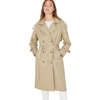 Abbildung von TRENDYOL Damen Offener Gewölbter Knopfverschluss Wasserabweisender Langer Trenchcoat Trench Coat, Beige, 32 EU