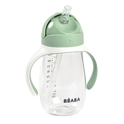 Abbildung von BÉABA Trinklernbecher 2 in 1 Babyflasche Kindertasse mit Strohhalm 100% dicht Leicht zu öffnen Abnehmbare Griffe Tritan und Silikon 300 ml Salbeigrün