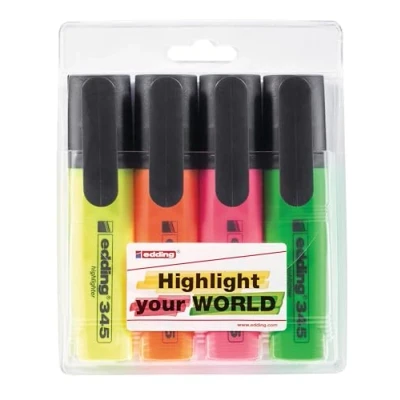 Abbildung von edding 345 Textmarker gelb, orange, pink, grün 4er Set Keilspitze 2 5 mm ideal für leuchtende Markierungen und Hervorhebung von Textpassagen Notizen