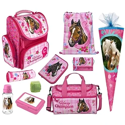 Abbildung von Familando Schulranzen 1. Klasse · ergonomischer Tornister Schultasche für Jungen und Mädchen (Komplett Set mit Schultüte, Pferde Pink)