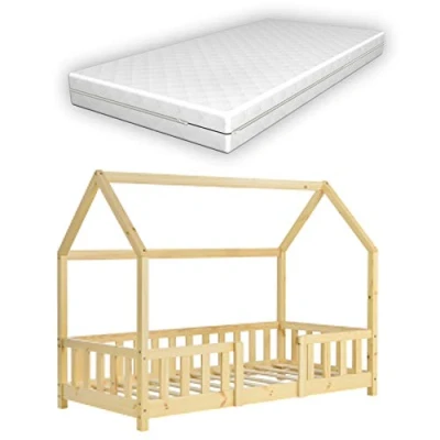 Abbildung von [en.casa] Kinderbett Sisimiut mit Matratze 70 x 140 cm Hausbett Rausfallschutz Holzbett für Kinder Bodenbett Lattenrost Kiefernholz Holzfarben