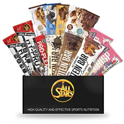 Abbildung von All Stars Riegel Box Low Sugar I 14 Protein in 5 verschiedenen Sorten &amp; Größen Eiweiß zuckerarm Bars Geschmäckern Snack für zwischendurch