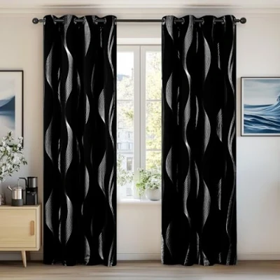 Abbildung von Deconovo Blickdichte Gardinen, Ösenvorhänge mit Ösen, Wellenlinie Verdunkelungsvorhang für Schlafzimmer, 138x168 cm(HöhexBreite), Schwarz, 2er Set