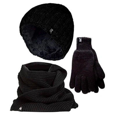Abbildung von Herren Strickmütze Mütze Schal Handschuhe Set Wärmehalter Luxus weiches Fleece gefüttert Winter für kaltes Wetter Schwarz