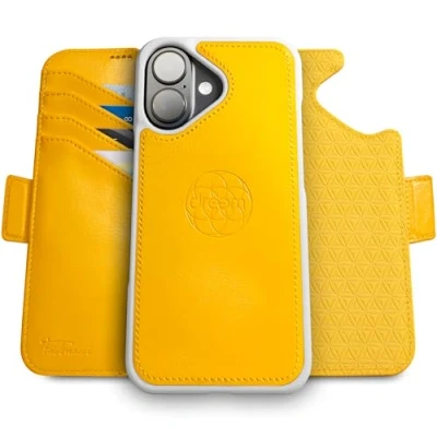 Abbildung von Dreem Fibonacci kompatibel mit iPhone 16 Plus Brieftaschen Etui / 2 in 1 stoßfestes und abnehmbares Folio aus veganem Leder, MagSafe, RFID Schutz [Gelb]
