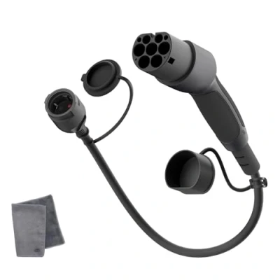 Abbildung von dé Adapter Typ 2 auf Schuko Elektroauto Ladestecker, 16A 0.6m. Einfaches Laden an Ladestationen/Wallboxen trotz Verwendung von 230V Ladegeräten für E Bike, Scooter, Motorrad. IP55 Nicht V2L