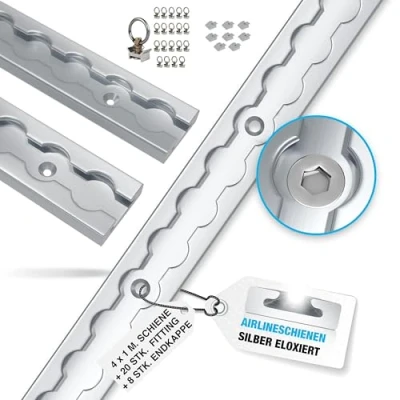 Abbildung von NTG 4 x 1 m Alu Airlineschiene Zurrschiene eckig, mit Bohrungen 1m 1000mm Starter Set Ladungssicherung für LKWs und Wohnmobile Gebohrte Silber eloxiert