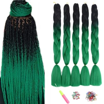 Abbildung von ShowJarlly Jumbo Braid Kunsthaar Haar, Ombre Extension, 24 Zoll Kanekalon Haar Flechten Extensions 5 Stücke Für Crochet Twist Box Zum Einflechten Zöpfe Schwarz/Dunkelgrün#