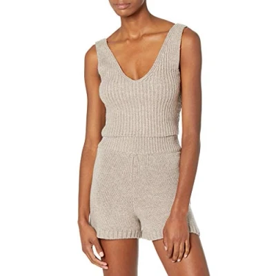 Abbildung von The Drop Damen Sylvie Rippstrick Tanktop mit V Ausschnitt vorn und hinten, strukturiert, bauchfrei, Heather Mushroom, M