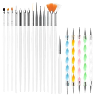 Abbildung von URAQT 20 Stück Nagel Pinsel Set, Pinsel, Nageldesign Stifte Brush, Acryl Kunst mit Dotting Tools,für gelnägel UV Gel Nail Art (Weiß)
