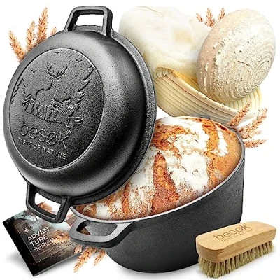 Abbildung von besok Brotbacktopf inkl. Gärkorb 26cm Gusseisen Brot Backen Topf Brotbackform mit Deckel Induktion Brottopf zum Brotbacken, Gusseisentopf