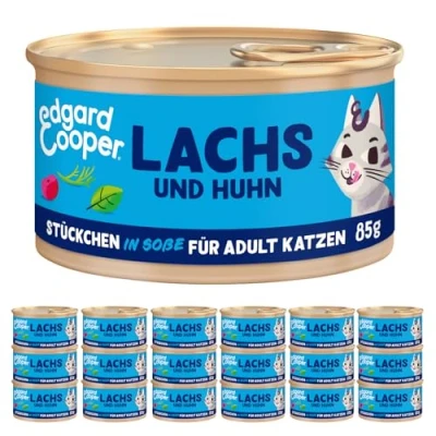 Abbildung von Edgard &amp; Cooper Nassfutter für Katzen, (Lachs Huhn, 85g x 18), Katzenfutter nass in Sauce ohne Zucker und Getreidefrei, voll von frischem Fleisch, sterilisierte aktive Katzen