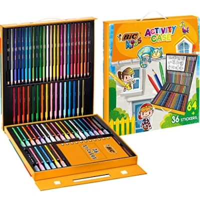 Abbildung von BIC Kids Stifte Set à 64: 24 Buntstifte, Filzstifte, 16 Malkreiden und 36 Sticker, in praktischer Box, Activity Case