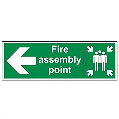 Abbildung von vsafety 17021bp r Fire Assembly Point Schild, Pfeil links, starrer Kunststoff, Landschaft, 600 mm x 200 mm, grün