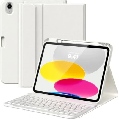Abbildung von MoKo Tastatur Hülle für iPad 10th Generation 2022, 10,9 Zoll, Multi Winkel Magnetische Tablet mit Abnehmbar QWERTY Layout Bluetooth Keyboard Case Weiß