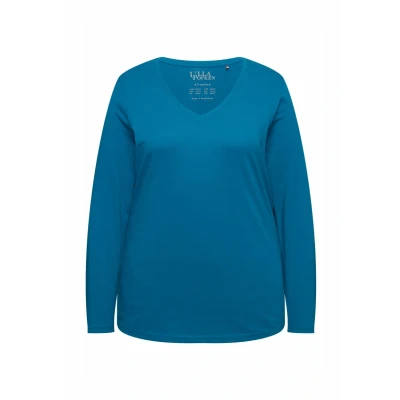 Abbildung von Ulla Popken GRÖSSEN BIS Basic Vausschnitt Reine Langarmshirt, Damen, Größe: 46/48, Blue green