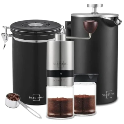 Abbildung von SILBERTHAL Kaffeemühle French Press Set manuelle Handmühle mit Thermo Kaffeepresse 1l Verstellbarer Mahlgrad Edelstahl und Glas Geschenkset für Kaffeeliebhaber Vieltrinker