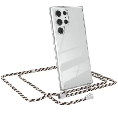 Abbildung von EAZY CASE Hülle mit Kordel Samsung Galaxy S22 Ultra 5G, Transparente Handyhülle verstellbarem Kettenband zur Umhängeband, Kette, Ersatzgurt schmal in Taupe Camouflage Clip Silber