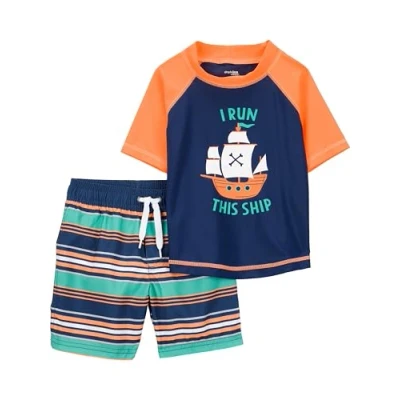 Abbildung von Simple Joys by Carter&#039;s Baby Jungen Swimsuit Trunk and Rashguard Rash Guard Set, Marineblau Orange Schiffe/Weiß Streifen, 6 9 Monate