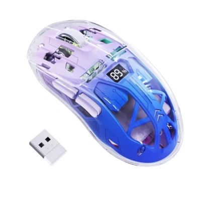 Abbildung von FREEWOLF A2 Kabellose Gaming Maus, Dual Mode 2,4G/Bluetooth PC Mäuse, RGB Maus mit Akku Display, Transparente Hülle, PixArt 3212, 4000 DPI 5 Einstellbar, für Win/MAC Zwielichtviolett