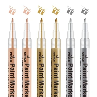 Abbildung von JEFFNIUB Acrylstifte für Steine Wasserfest 6 Stück, Rosegold Gold Silber Metallic Stifte 0,7 Dünner Spitze Permanent Marker Stift auf Holz, Glas, Papier, Keramik, Leinwand, Leder