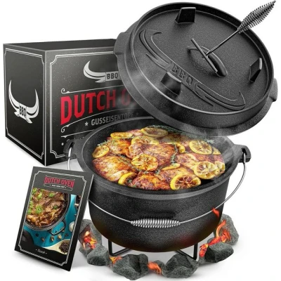 Abbildung von Amandi Feuertopf BBQ Dutch Oven Gusseisen Set 7L für Grill &amp; Lagerfeuer, Gusseisen, Voreingebrannt inklusive Topfständer, Deckelheber und E Book