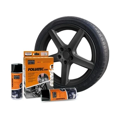 Abbildung von Foliatec Sprühfolie Auto Felgenfolie Sprüh Lack Set für 4 Felgen, Abziehbar, Gute Deckkraft, schwarz matt 2x 400ml