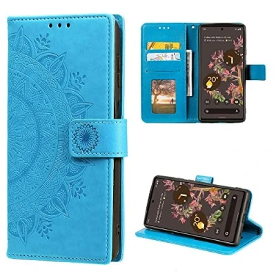 Abbildung von CoverKingz Handy Cover kompatibel mit Google Pixel 6 Handyschutz Kartenfach Klapphülle Bookcase Hülle aufklappbar Motiv Mandala Blau