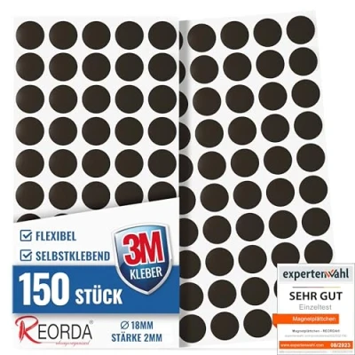 Abbildung von Reorda® Magnetplättchen selbstklebend (150 Kreise) Starker 3M Kleber ermöglicht ausgezeichnete Klebekraft Vielseitige Flache Magnete zum basteln &amp; schneiden Ideal nutzbar für Schule Büro