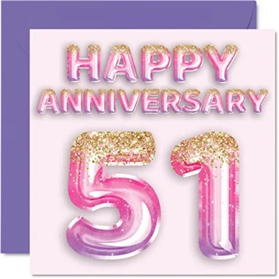 Abbildung von Hübsche Karte zum 51. Jahrestag für Ehefrau, Freundin, Ehemann, Freund, rosa lila Glitzer Luftballons Happy 51 Jahrestagskarten aus der Familie, 145 mm x Grußkarten fünfzig Jubiläen
